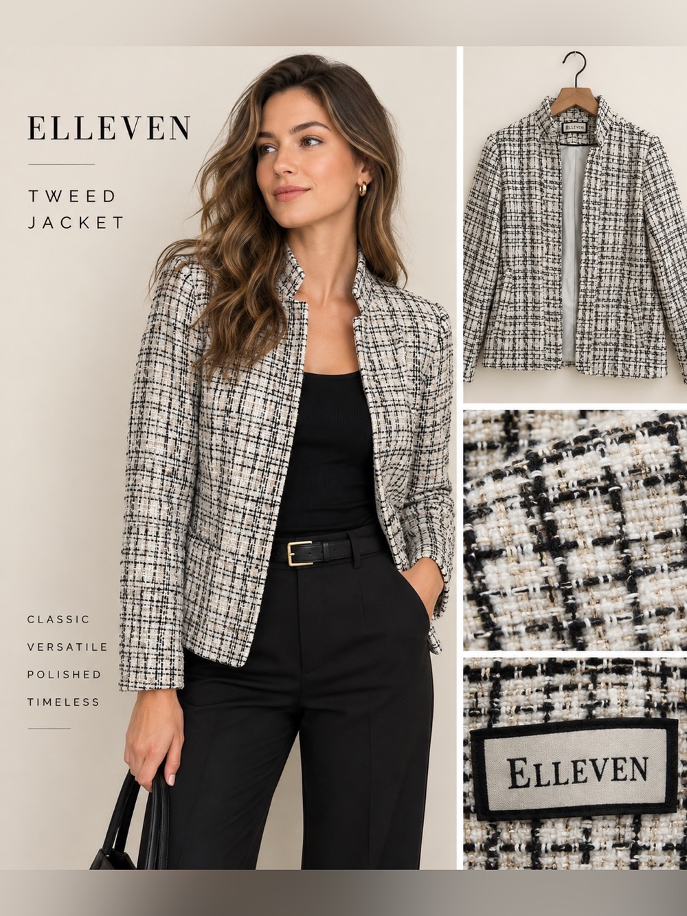 Elleven Black White Metallic Tweed Boucle Jacket Open Front Blazer